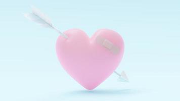 Pink heart with plaster and arrow on blue background. 3D Render. photo