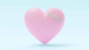 Pink heart with plaster on blue background. 3D Render. photo