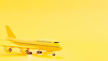 Yellow plane on runway. Space for banner and logo background. minimal idea concept, 3D Render. photo