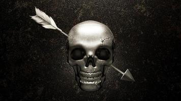 Metal skull was shot through the head by an arrow or dart. on an old and dirty background. 3D Render. photo