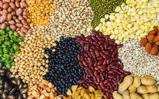Collage various beans mix peas agriculture of natural healthy food for cooking ingredients - Set of different whole grains beans and legumes seeds lentils and nuts colorful snack texture background photo