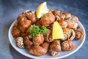 Babilonia areolata mariscos mariscos con especias perejil verde limón en un plato listo para comer o cocido manchado de concha de mar de babilonia limpet foto