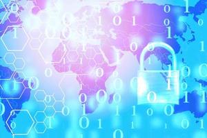 Data security systems computer with locked padlock on digital number and world map for protect crime by an anonymous hacker internet and data network - technology background cyber security concept photo