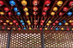 el techo está cubierto con farolillos tradicionales chinos de varios colores y estilos foto