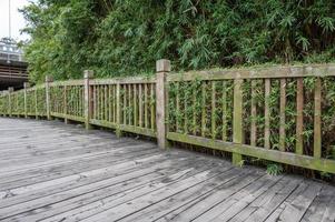 There is a wooden plank road in the park photo