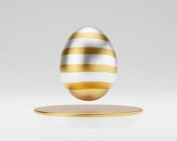 Golden Easter egg on podium 3d render illustration. happy easter day concept. minimal scene with pedestal and egg. photo