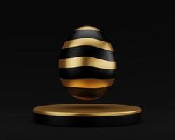 Golden Easter egg on podium 3d render illustration black background. happy easter day concept. minimal scene with pedestal and egg. photo