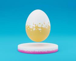 Grunge paint Easter egg on podium 3d render illustration on blue background. happy easter day concept. minimal scene with pedestal and egg. photo