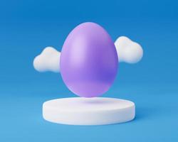 violet Easter egg on podium 3d render illustration on blue background with cloud. happy easter day concept. minimal scene with pedestal and egg. photo