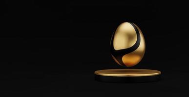 Golden Easter egg on podium 3d render illustration black background. happy easter day concept. minimal scene with pedestal and egg. photo