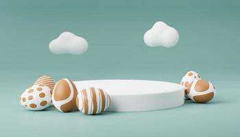 Golden Easter egg on podium 3d render illustration green background. happy easter day concept. minimal scene with pedestal and egg. photo