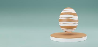 Golden Easter egg on podium 3d render illustration green background. happy easter day concept. minimal scene with pedestal and egg. photo
