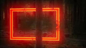 marco rectangular brillante de neón en el bosque nocturno