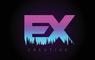 EX Letters Logo Design with Purple Blue Colors and Pine Forest Trees Concept Vector Icon