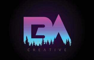 BA Letters Logo Design with Purple Blue Colors and Pine Forest Trees Concept Vector Icon