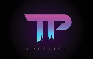 TP Letters Logo Design with Purple Blue Colors and Pine Forest Trees Concept Vector Icon