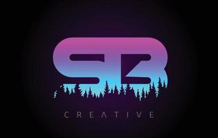 SB Letters Logo Design with Purple Blue Colors and Pine Forest Trees Concept Vector Icon