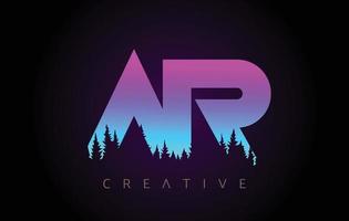 AR Letters Logo Design with Purple Blue Colors and Pine Forest Trees Concept Vector Icon