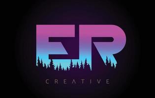 ER Letters Logo Design with Purple Blue Colors and Pine Forest Trees Concept Vector Icon
