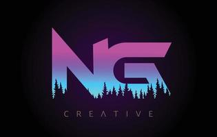 NG Letters Logo Design with Purple Blue Colors and Pine Forest Trees Concept Vector Icon