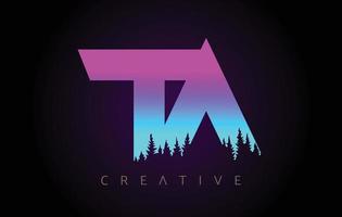 TA Letters Logo Design with Purple Blue Colors and Pine Forest Trees Concept Vector Icon