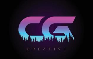 CG Letters Logo Design with Purple Blue Colors and Pine Forest Trees Concept Vector Icon