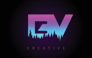 BV Letters Logo Design with Purple Blue Colors and Pine Forest Trees Concept Vector Icon