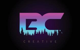 BC Letters Logo Design with Purple Blue Colors and Pine Forest Trees Concept Vector Icon