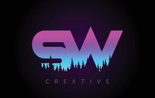 SW Letters Logo Design with Purple Blue Colors and Pine Forest Trees Concept Vector Icon