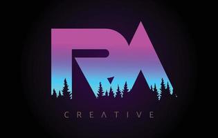 RA Letters Logo Design with Purple Blue Colors and Pine Forest Trees Concept Vector Icon