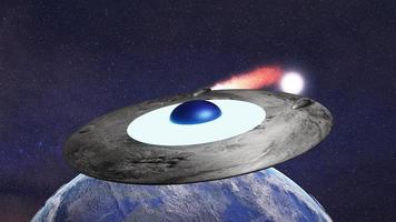 Burning UFO near Planet Earth in outer space. Planetary disaster concept. 3d render illustration. Elements of this image furnished by NASA. photo