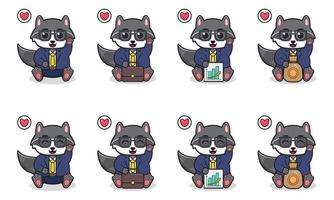 Vector Illustration of Cute sitting Raccoon cartoon with Businessman costume and hand up pose.