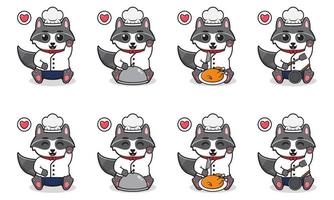 Vector Illustration of Cute sitting Raccoon cartoon with Chef costume and hand up pose.