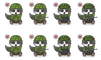 ilustración vectorial de una linda caricatura de mapache sentada con traje de soldado y pose de mano. vector
