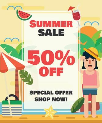 Summer sale illustration poster with summer stuff,a tourist and beach in the background