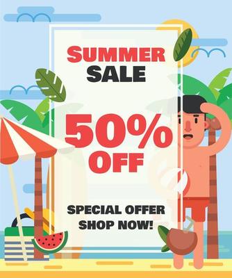 Summer sale illustration poster with summer stuff,a tourist and beach in the background