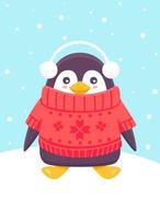 pingüino con suéter y auriculares cálidos. concepto de navidad y año nuevo. lindas sonrisas amables de pingüinos. ilustración vectorial vector