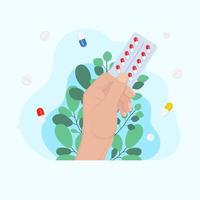 hand holds blister tablets pack of pills capsules, medicine concept, disease treatment concept. Injection syringe. Medicine healthcare concept. Medical background vector