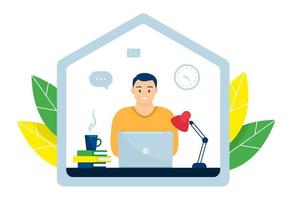 A young man is sitting with a laptop. Concept of remote work from home, freelance, distance education, e-learning vector