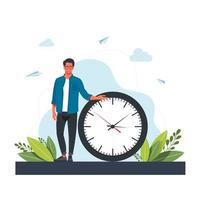 hombre apresurado y reloj de pared. concepto de gestión del tiempo, planificación eficaz para el trabajo productivo, tarea estresante, fecha límite, cuenta atrás. Ilustración de vector colorido plano moderno para cartel, banner.