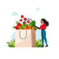 a woman examines in magnifying glass berries rich in vitamin c paper bag with fresh fruit berries. Vector illustration for organic nutrition, dietitian, vegan or vegetarian food concept