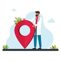 un pequeño médico se encuentra cerca de la señal de gps. un médico está buscando geolocalización. símbolo de geolocalización. aplicación de servicio de medicina de navegación gps. mapas, obtener direcciones metáforas vector