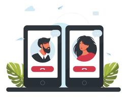 man and woman talk to each other via video communication. Dating application, video call application, messenger vector flat illustration. Young Couple Communicating via phones, Facing Each Other