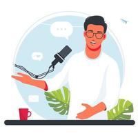 The man is recording a podcast. Boy in headphones talking into a microphone. The radio DJ is broadcasting online. Joyful person radio host interviewing guest, mass media broadcasting isolated vector