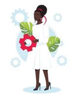 Women holding gears from the large mechanism, small people links of mechanism, business mechanism, abstract background with gears, people engaged in business promotion, strategy analysis vector