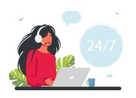 Operator call center. Customer service. woman with headphones, a microphone with a laptop. Concept vector illustration for support. hotline operators consult customers with headsets on computers