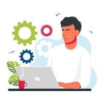 vector illustration of a man working at a laptop. freelance. promotion in the network. manager at remote work. a business mechanism, gears, business promotion, strategy analysis