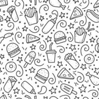 Hand drawn seamless pattern of fast food doodle. Vector illustration.