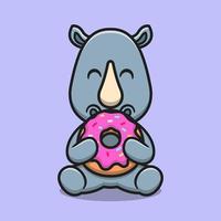 Cute rhino eating doughnut cartoon vector icon illustration