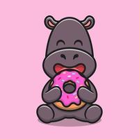 Cute hippo eating doughnut cartoon vector icon illustration